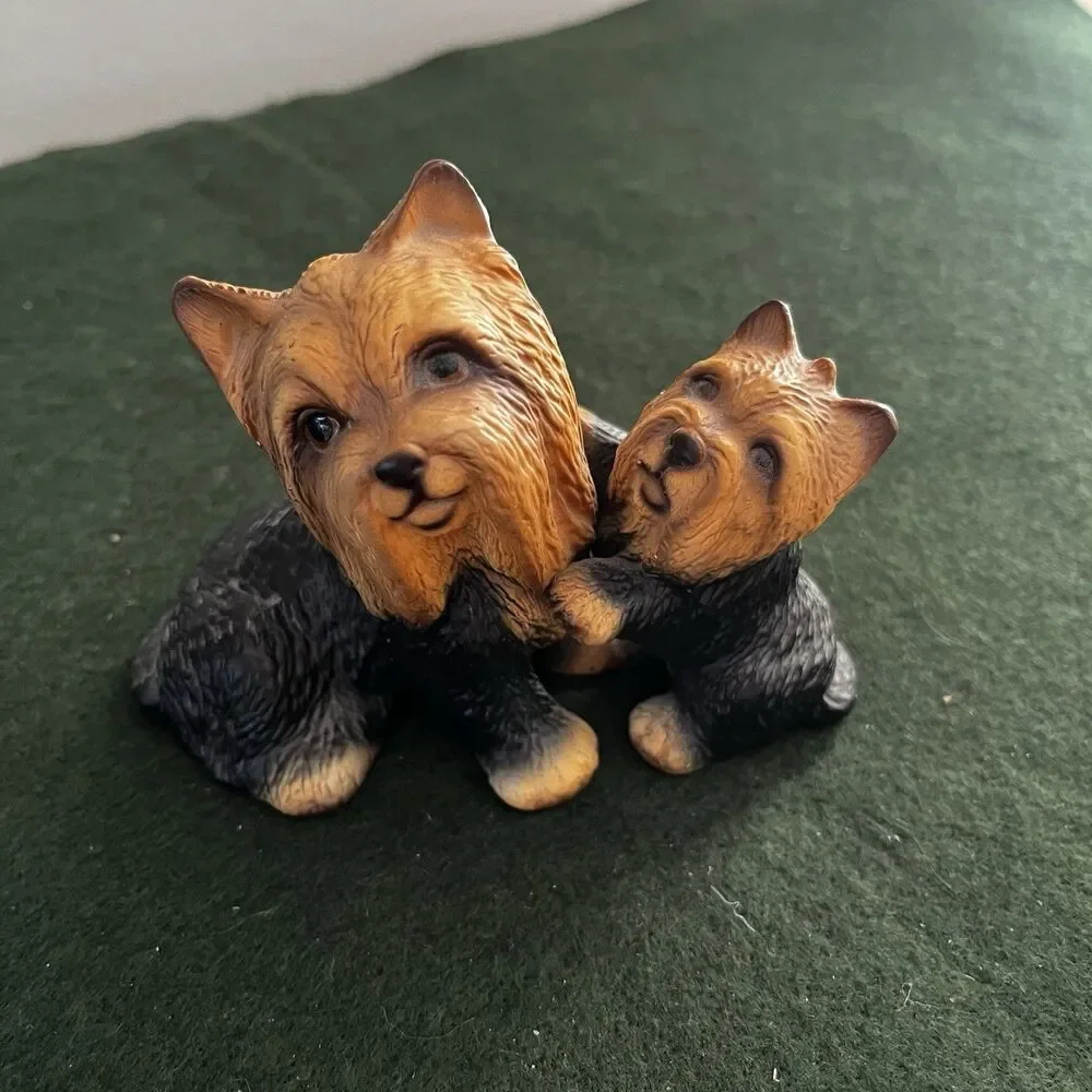 Vintage Yorkshire Terrier Dog With Playful Puppy Porcelain Figurine Japan